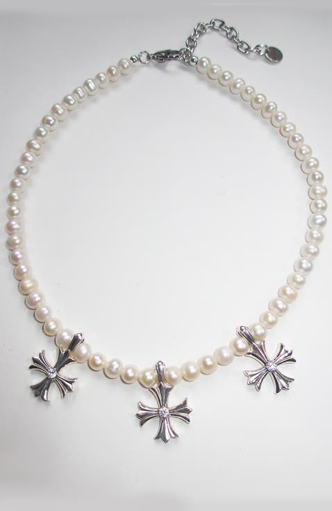 Trio Argent Cross Pearl Choker