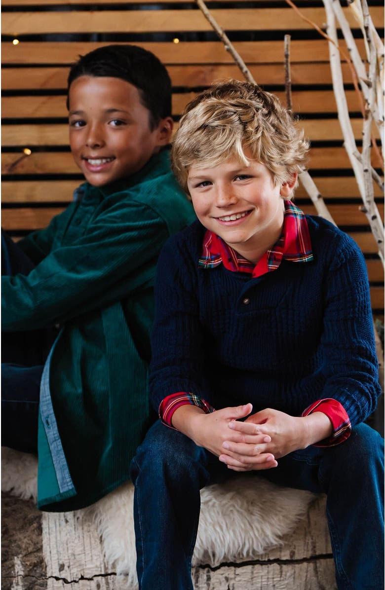 Hope & Henry Boys' Organic Textured Shawl Collar Sweater, Kids, Alternate, color, Navy Glen Plaid Texture