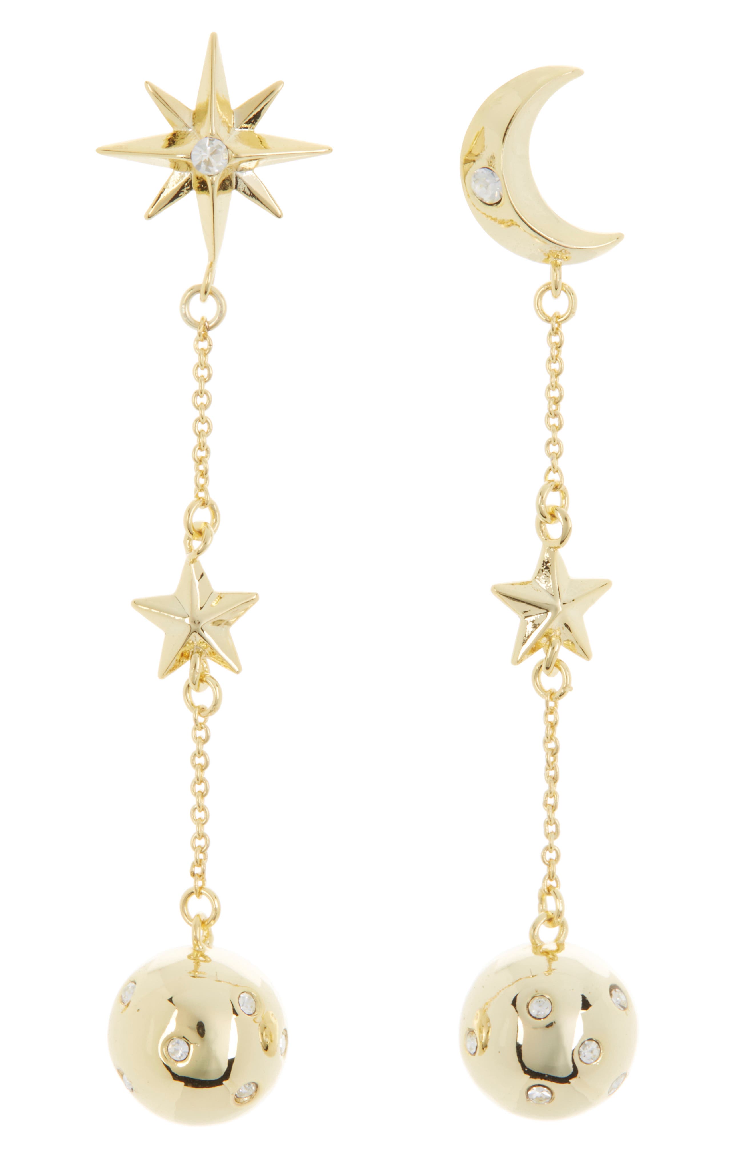 Covet Mismatched Moon & Star Linear Ball Drop Earrings