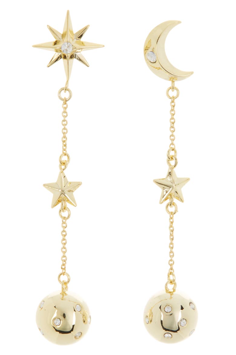 Mismatched Moon & Star Linear Ball Drop Earrings, Main, color, GOLD