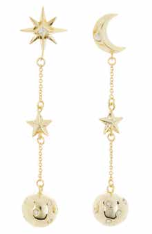 Covet Mismatched Moon & Star Linear Ball Drop Earrings