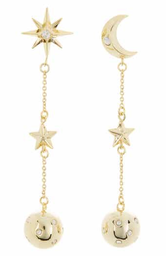Covet Mismatched Moon & Star Linear Ball Drop Earrings
