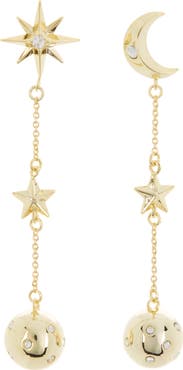Covet Mismatched Moon & Star Linear Ball Drop Earrings