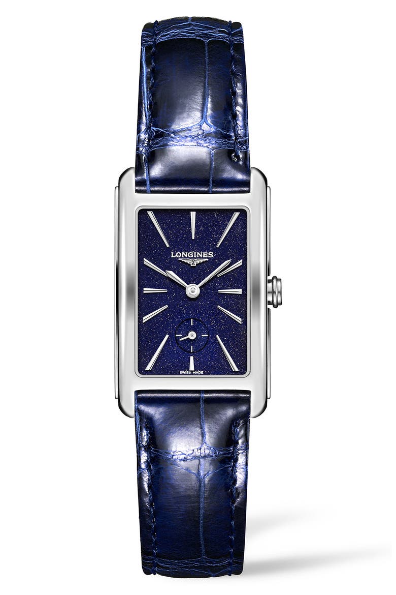 DolceVita Leather Strap Watch, 23mm x 37mm, Main, color, BLUE/ SILVER