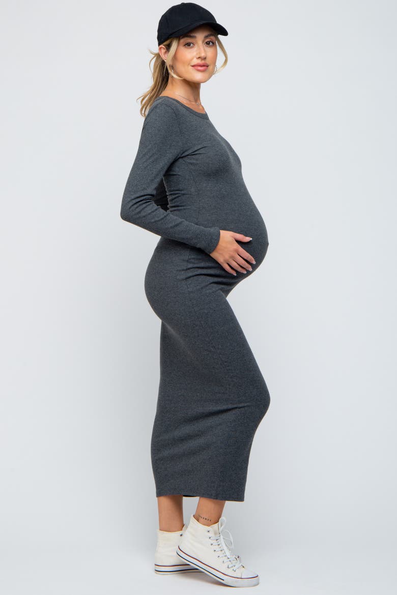 Ribbed Fitted Long Sleeve Midi Dress, Alternate, color, Charcoal Grey