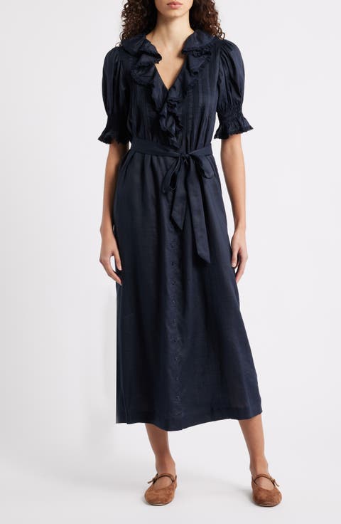 Harriette Ruffle Pintuck Puff Sleeve Midi Dress