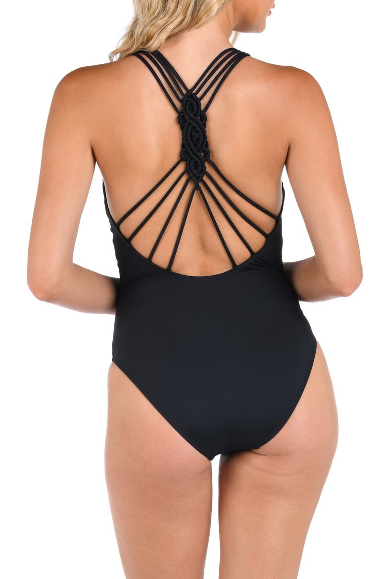 Island Goddess Cross Back One-Piece Swimsuit, Alternate, color, BLACK