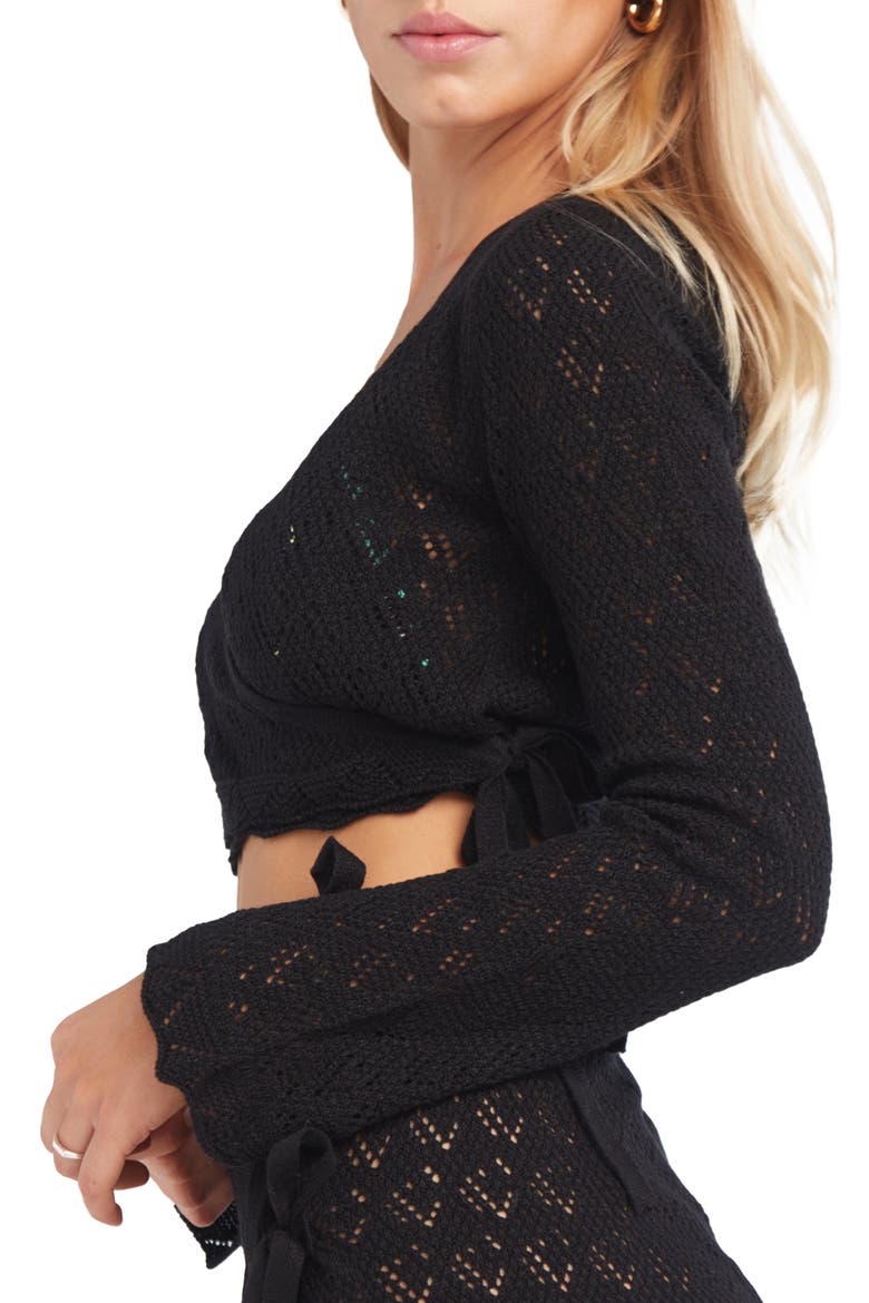 Kaia Openwork Crochet Crop Cover-Up Sweater, Alternate, color, BLACK
