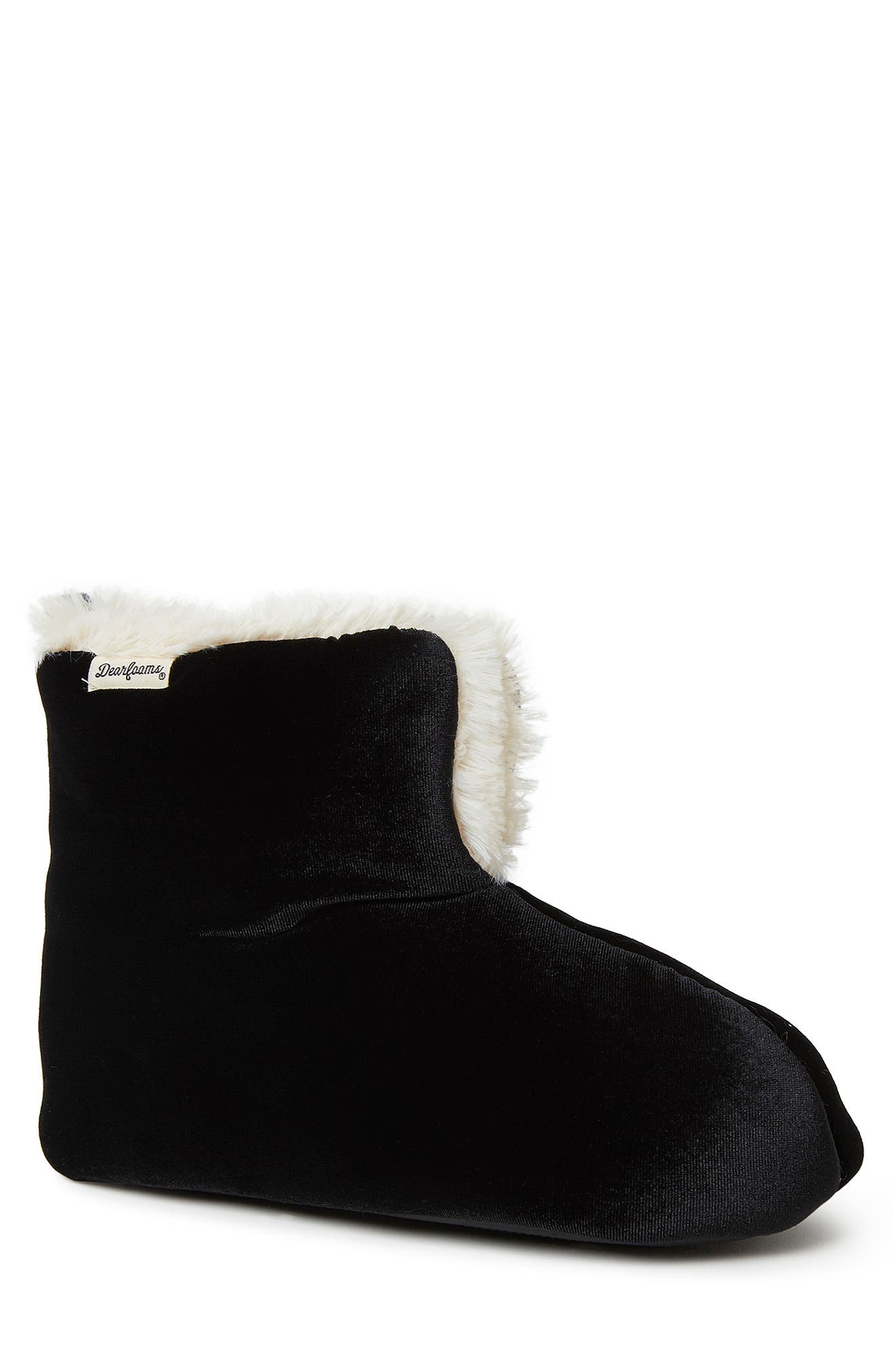 DEARFOAMS Zoey Holiday Velour Faux Fur Lined Bootie Slipper, Main, color, 