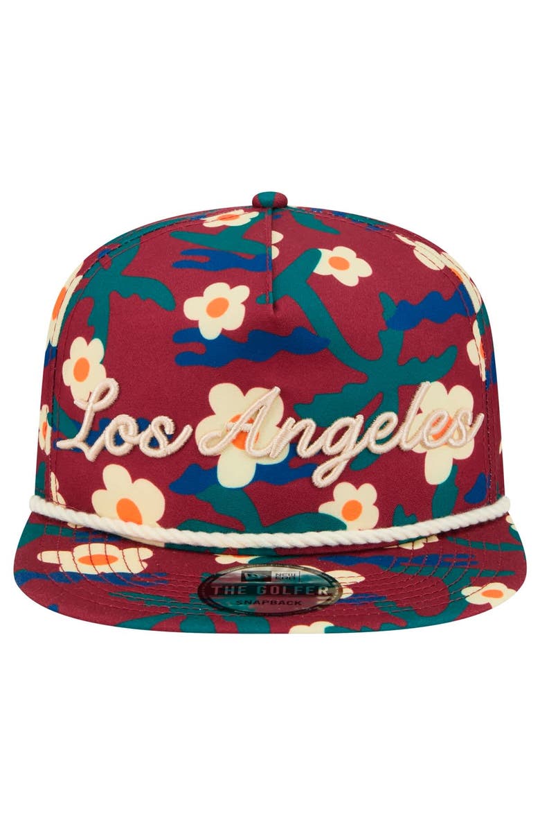 New Era Men's New Era Crimson Los Angeles Lakers Vacation Floral Golfer Snapback Hat, Alternate, color, 