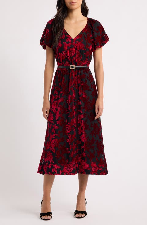 Puff Sleeve Velvet Burnout Midi Dress