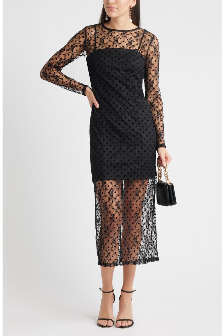 Lace Illusion Midi Dress, Main, color, BLACK