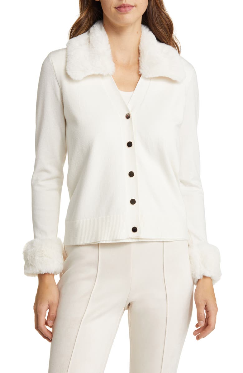 Anne Klein Faux Fur Trim Cardigan, Main, color, 