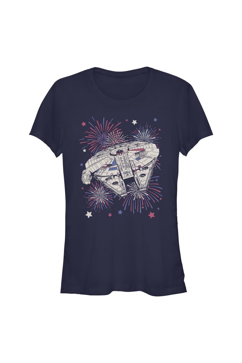 Junior's Festive Fireworks Falcon Short Sleeve Graphic T-Shirt, Main, color, Navy Blue