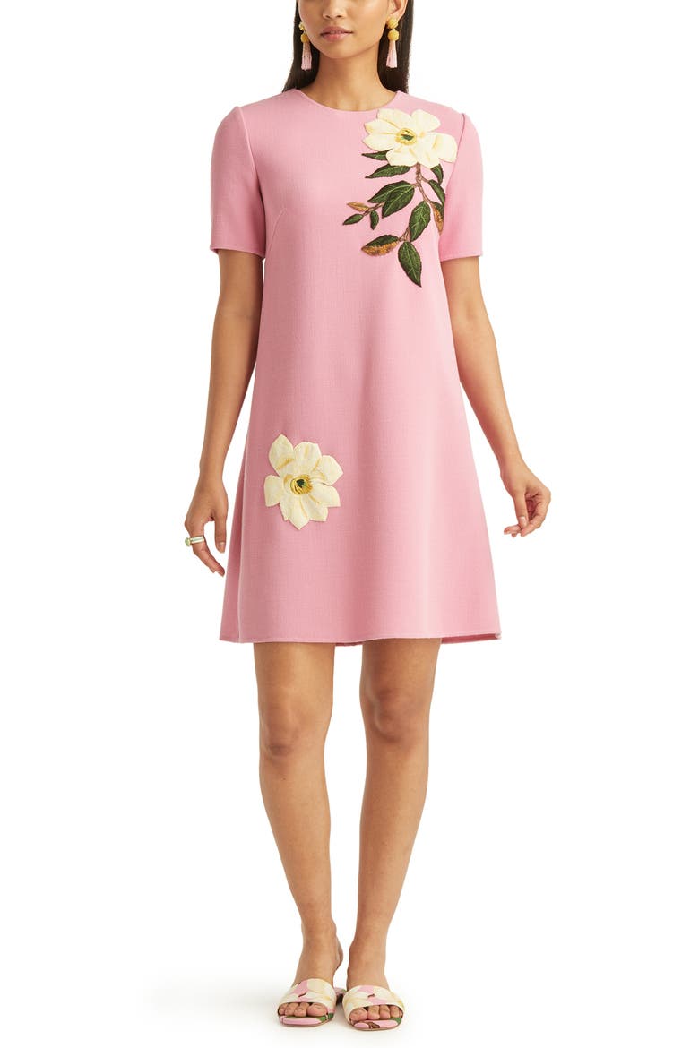 Magnolia Embroidered Stretch Wool Shift Dress, Main, color, BEGONIA
