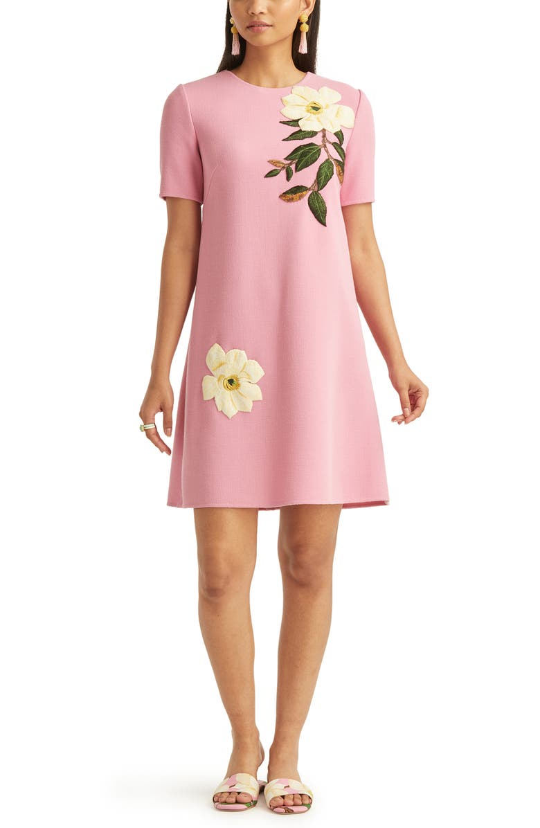 Oscar de la Renta Magnolia Embroidered Stretch Wool Shift Dress, Main, color,