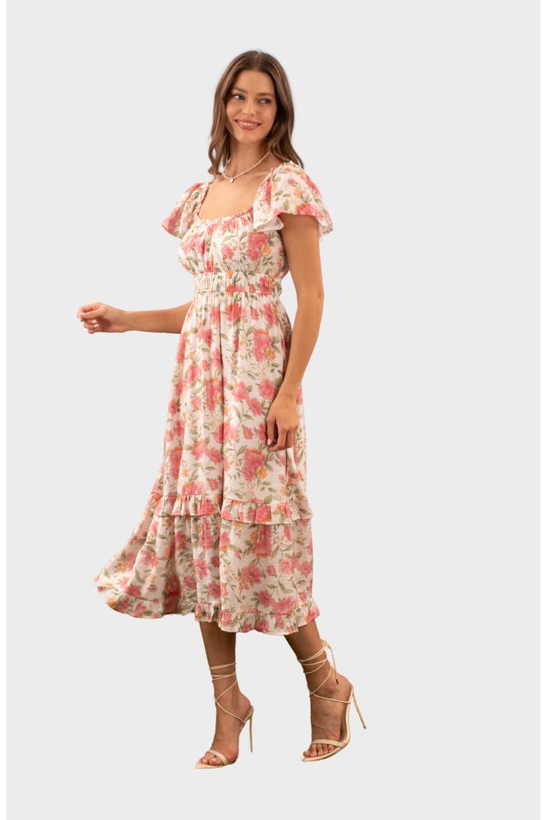 Flutter Sleeve Midi Dress, Alternate, color, PINK MULTI