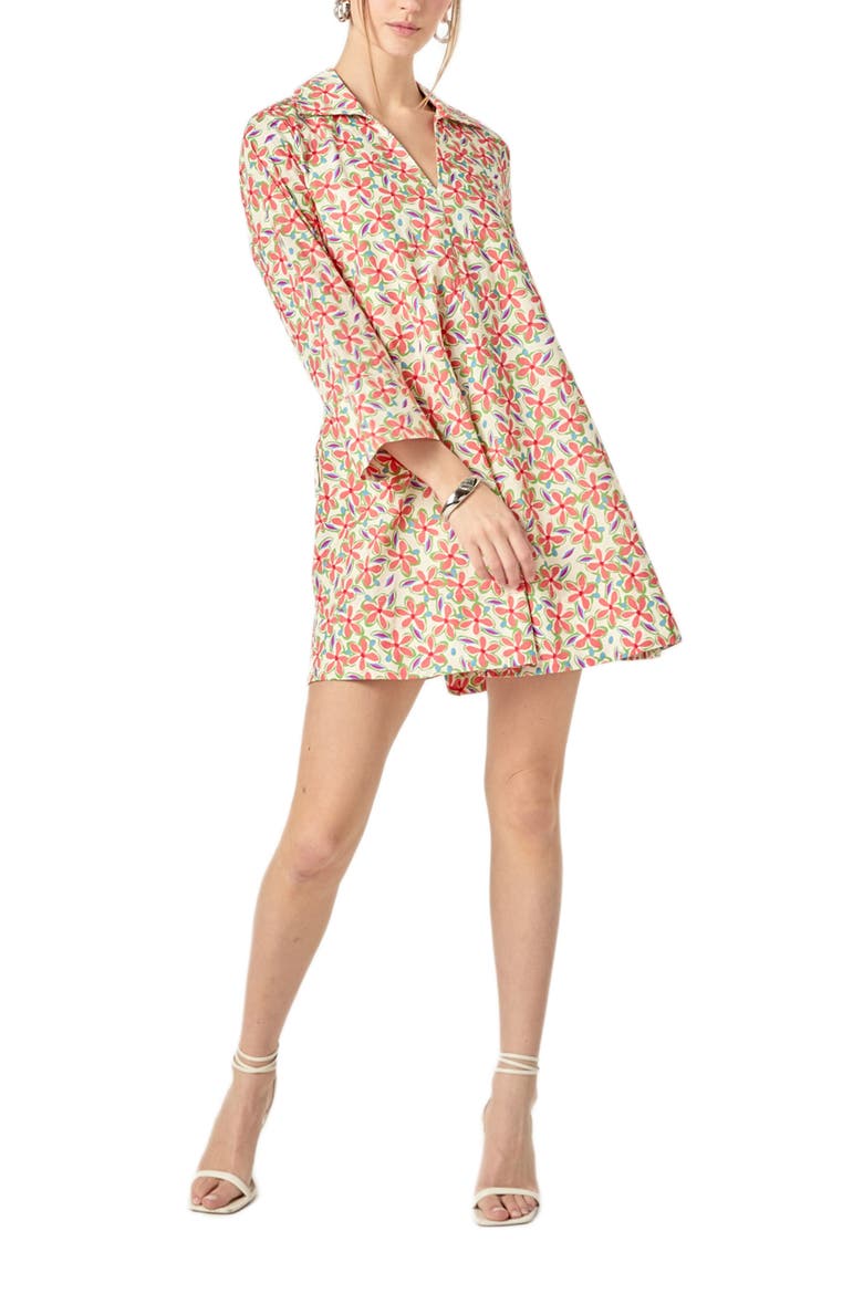 Floral Johnny Collar Cotton Trapeze Dress, Alternate, color, CREAM MULTI