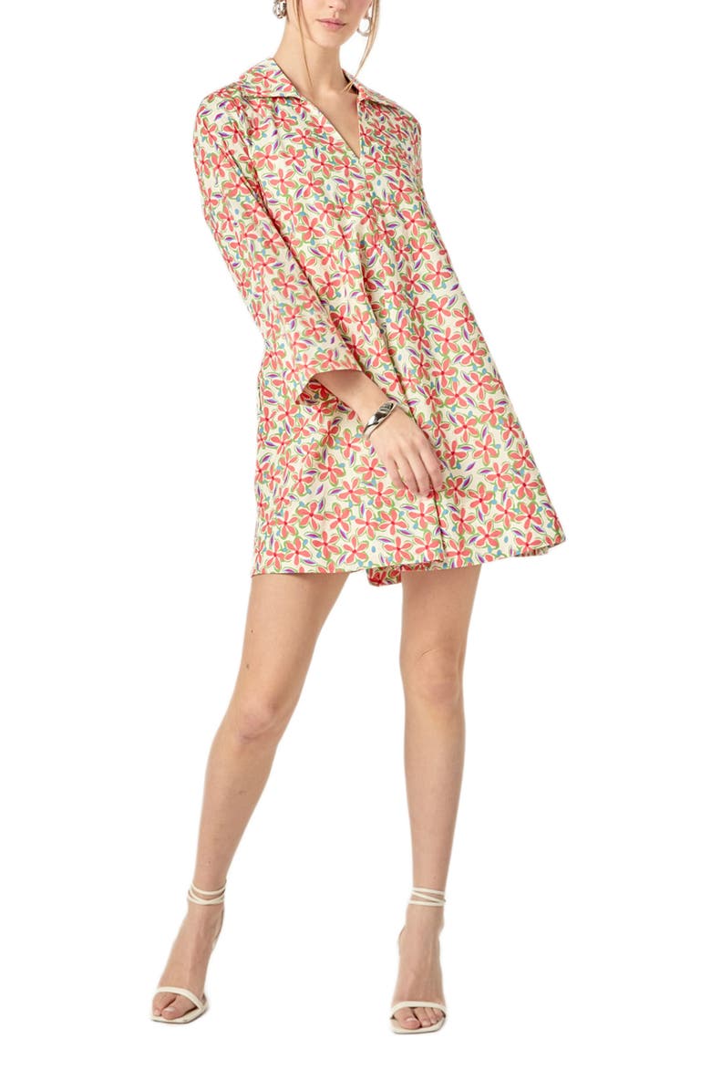 English Factory Floral Johnny Collar Cotton Trapeze Dress, Alternate, color, Cream Multi