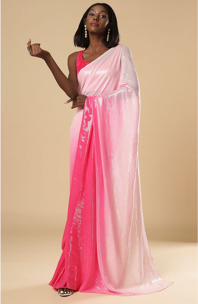 One Minute Saree<sup>®</sup> Kajol White & Pink Ombre Sequins Pre-Draped Ready to Wear Sari, Alternate, color, 
