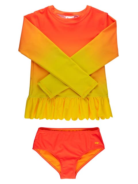 Scallop Hem Long Sleeve Rash Guard 2-Piece Bikini Swimsuit