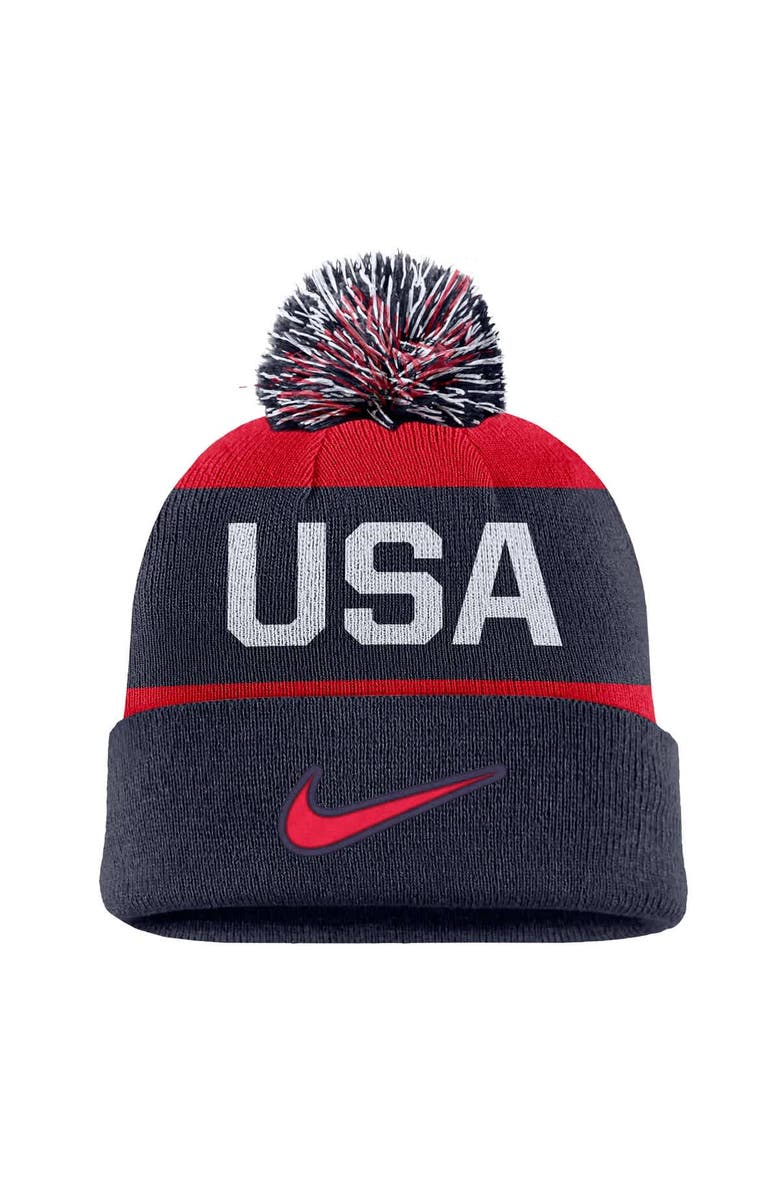 Nike Men's Nike Navy US Hockey Peak Stripe Tri-Blend Cuffed Knit Hat with Pom, Alternate, color, Navy