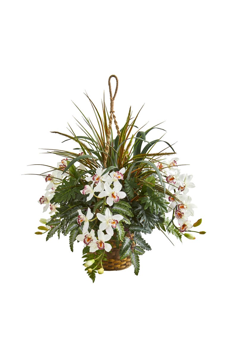 NEARLY NATURAL 29-in Cymbidium Orchid and Mixed Greens Artificial Plant Hanging Basket, Main, color, White
