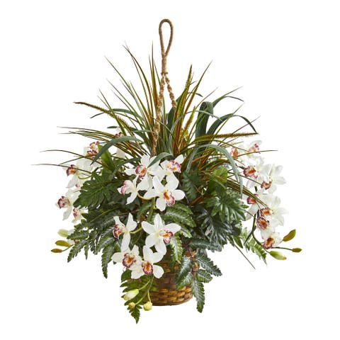 29-in Cymbidium Orchid and Mixed Greens Artificial Plant Hanging Basket