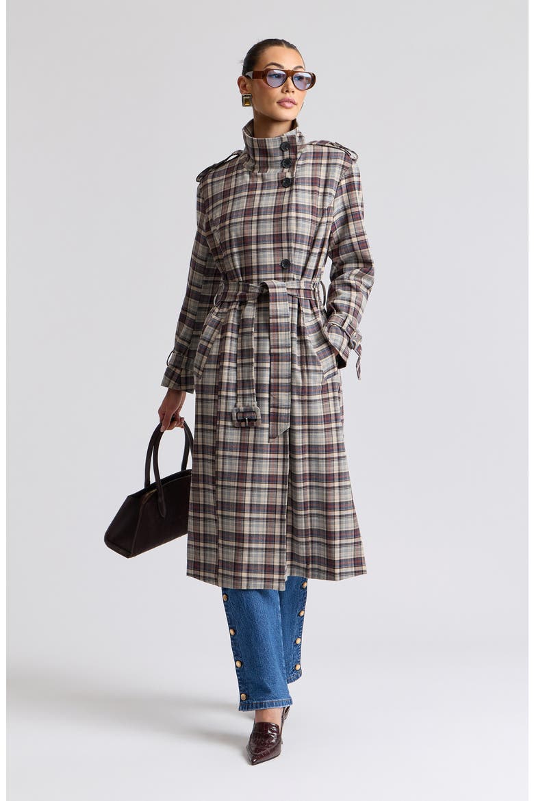 Relaxed Belted Funnel Neck Coat, Alternate, color, GREY - BLUE PLAID