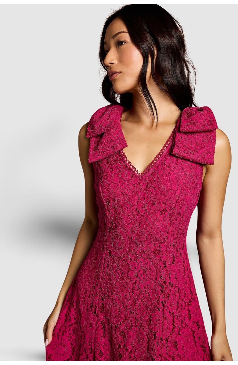 Coast Bow Shoulder V Neck Lace Midi Dress, Alternate, color, Burgundy