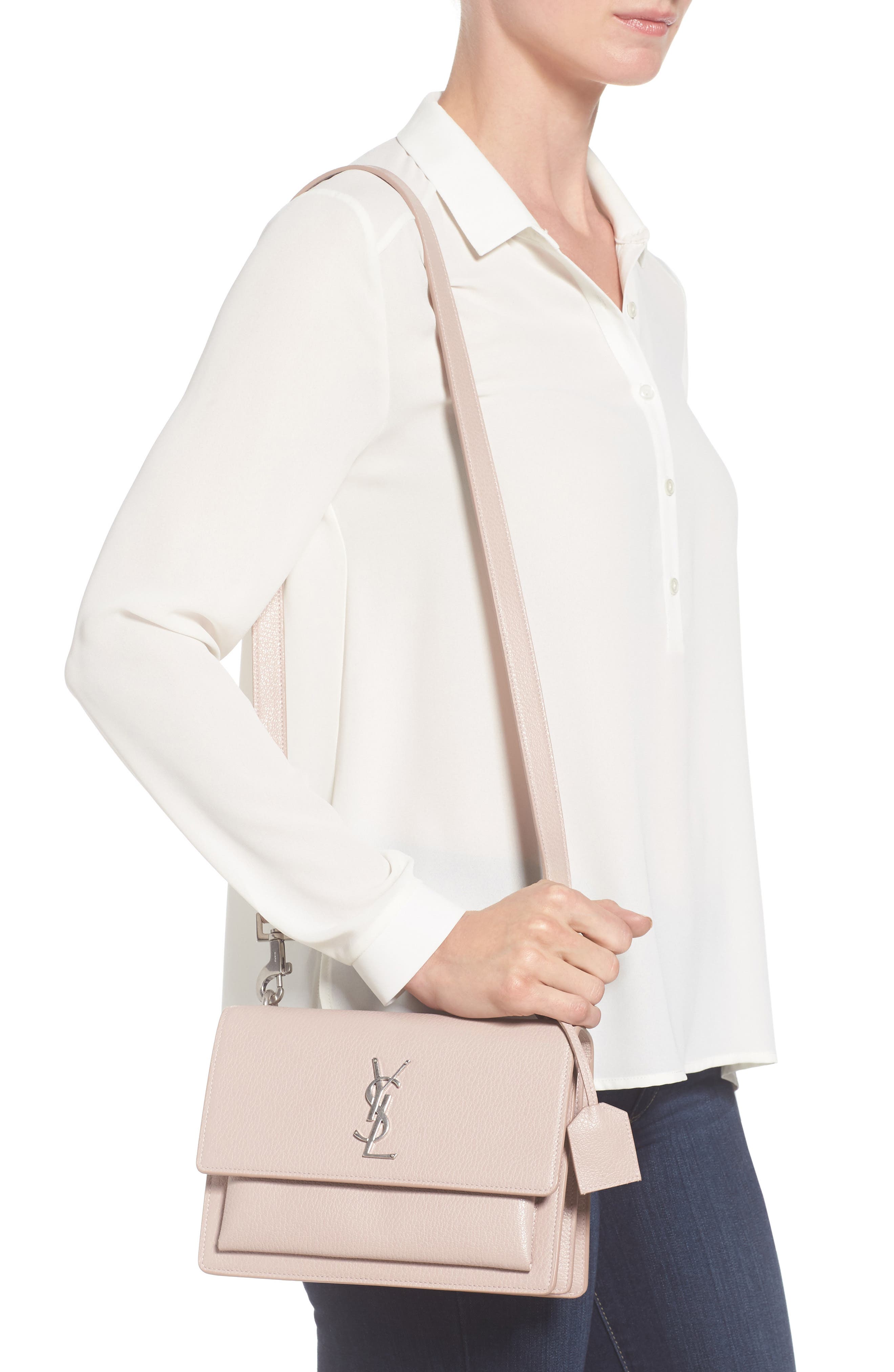 Saint Laurent Medium Sunset Grained Leather Shoulder Bag, Alternate, color, Rose Poudre