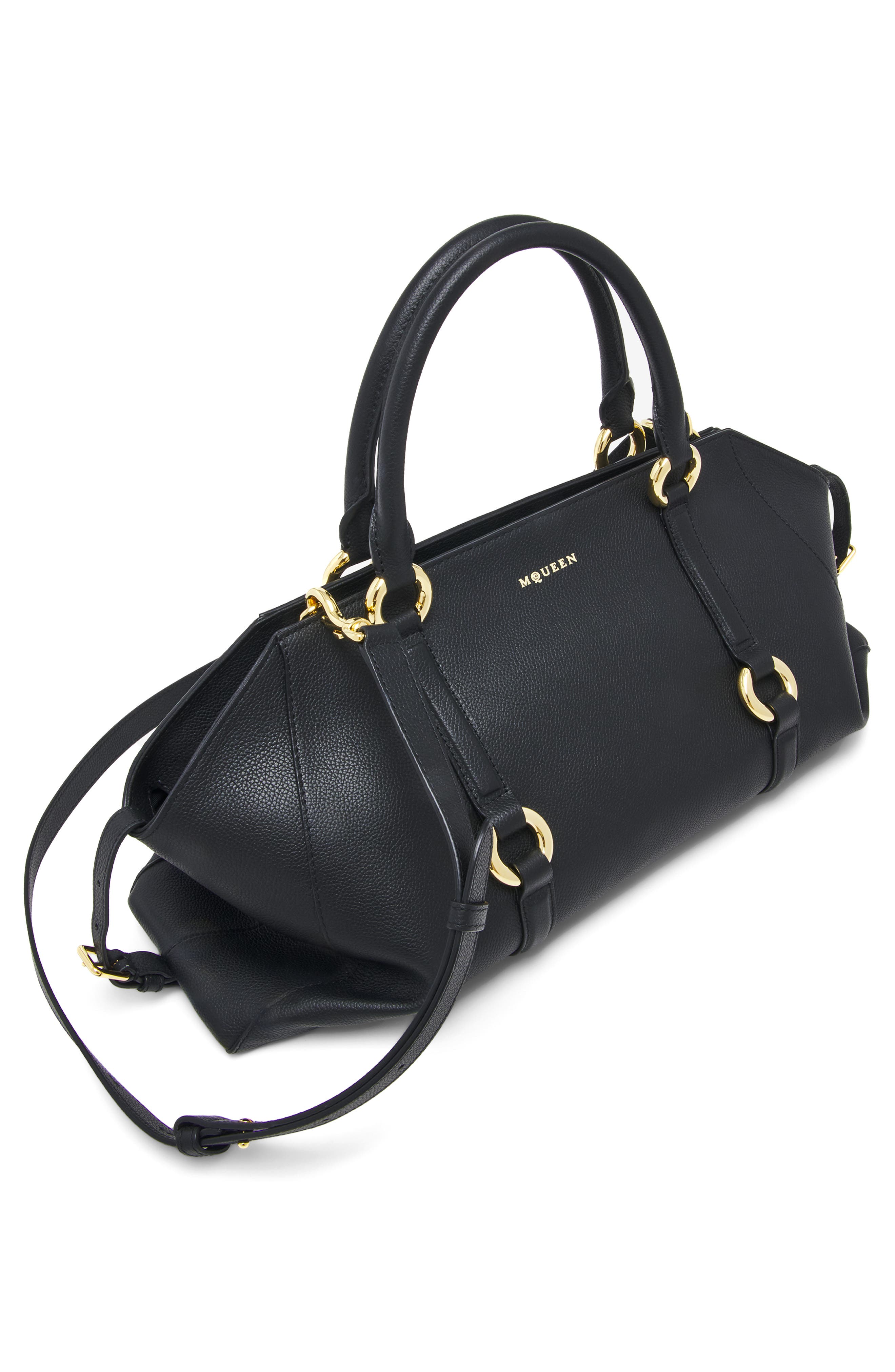 McQueen Medium Farringdon Leather Satchel, Alternate, color, Black/ Gold