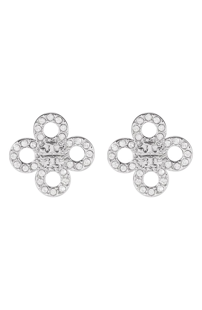 Tory Burch Small Kira Pavé Clover Stud Earrings, Main, color, 