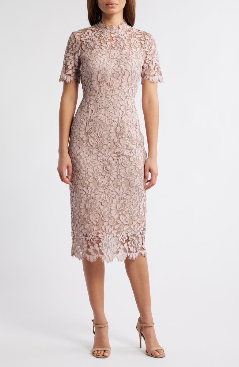 Eliza J Illusion Lace Midi Sheath Dress, Main, color, Blush