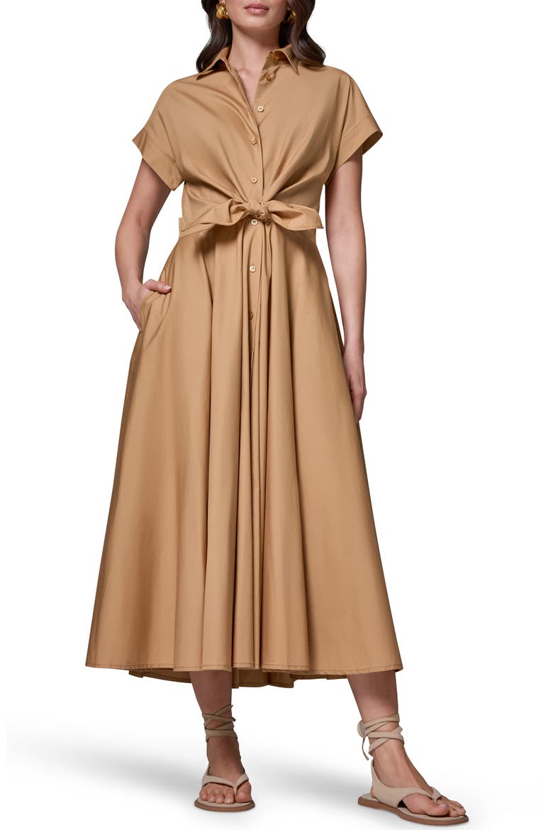 Tie Waist Short Sleeve Stretch Cotton Midi Shirtdress, Alternate, color, FAWN