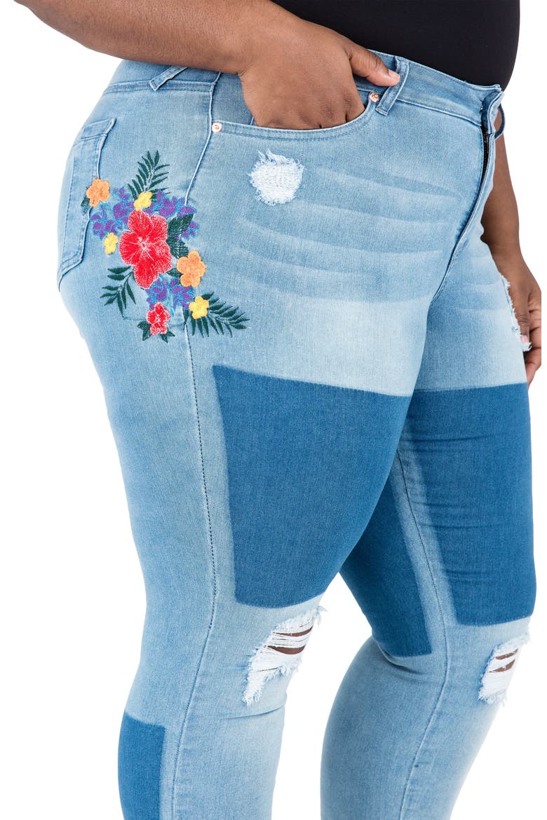 Madison Ripped & Embroidered Skinny Jeans, Alternate, color, BLUE