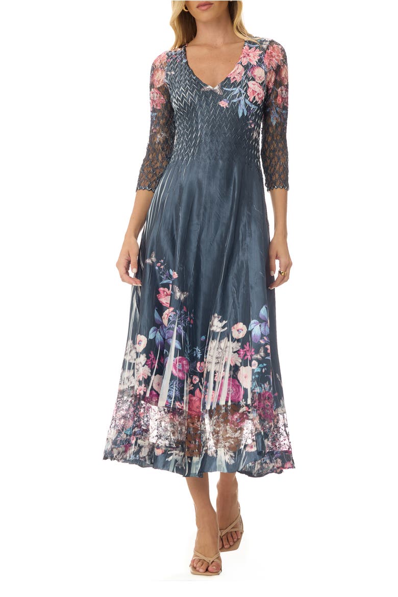 Floral Charmuese Dress with Lace Sleeves, Main, color, Florenza