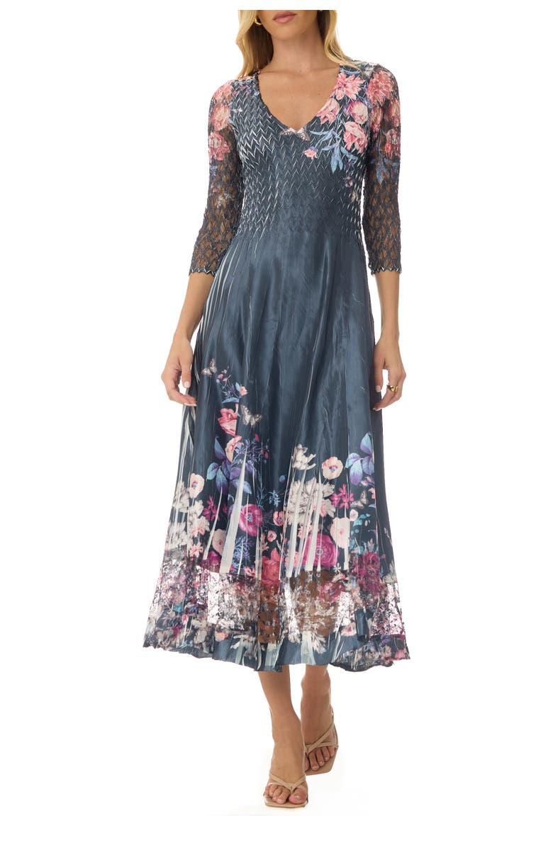 Komarov Floral Charmuese Dress with Lace Sleeves, Main, color, Florenza