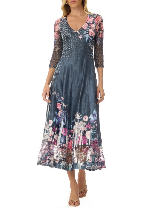 Floral Charmuese Dress with Lace Sleeves
