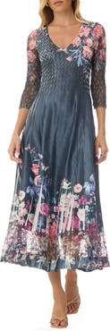 Komarov Floral Charmuese Dress with Lace Sleeves