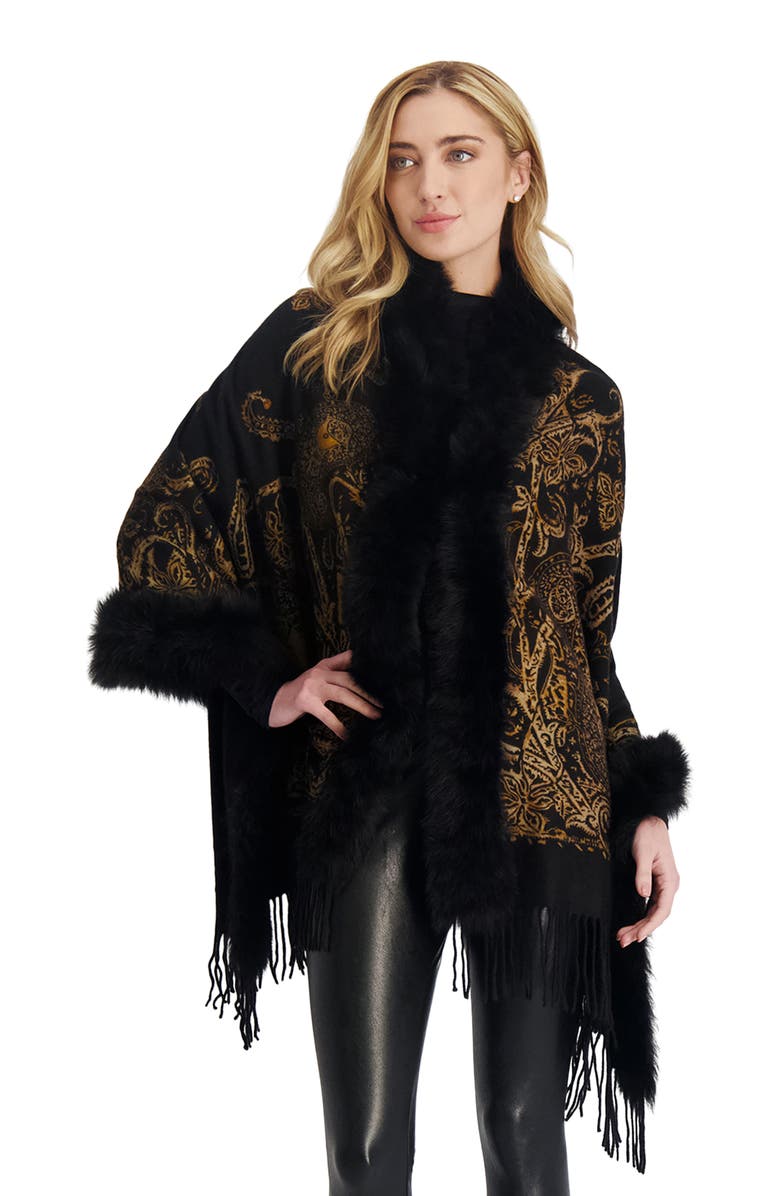 GORSKI Double Face Cashmere Stole With Toscana Lamb Trim, Alternate, color, Black Gold Paisley