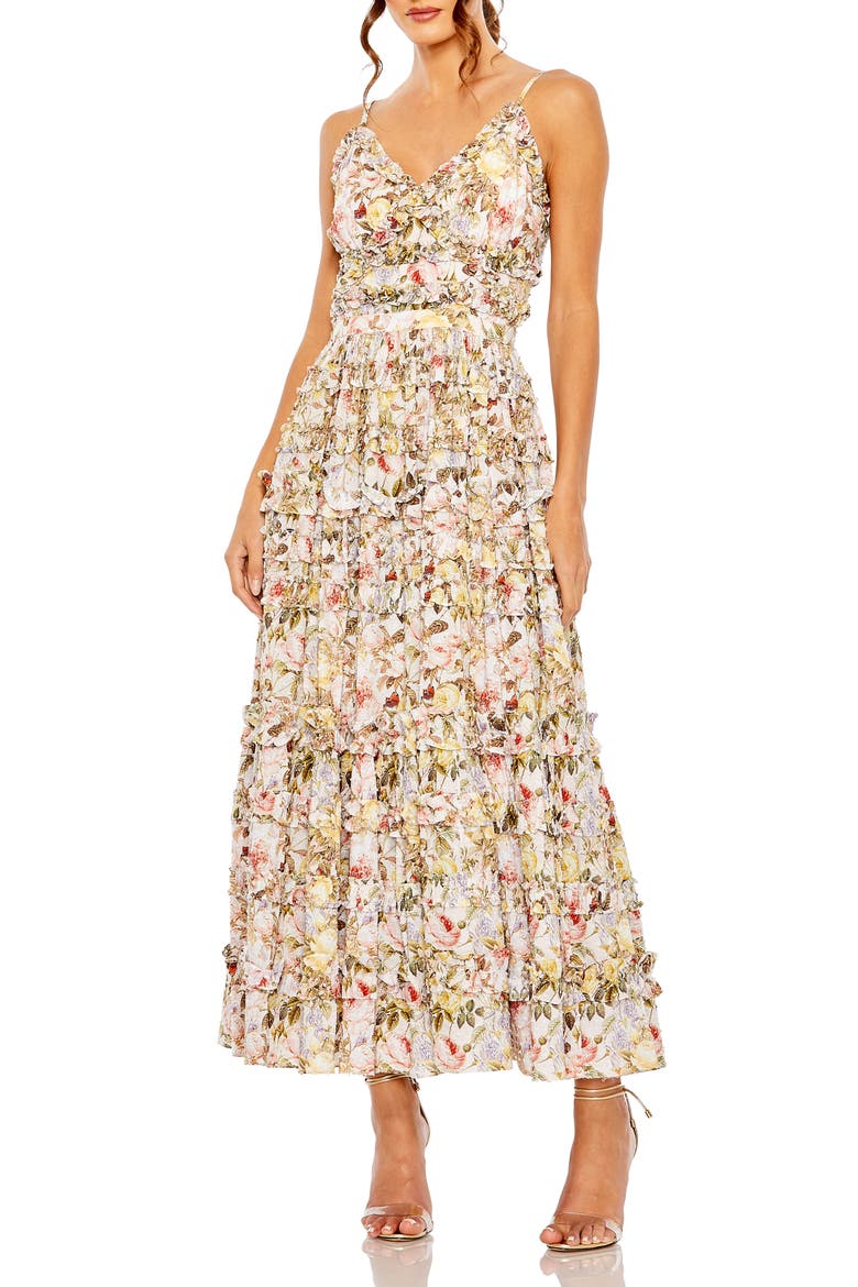 Women’s Floral Print Tiered Ruffle Midi Dress, Main, color, IVORY MULTI