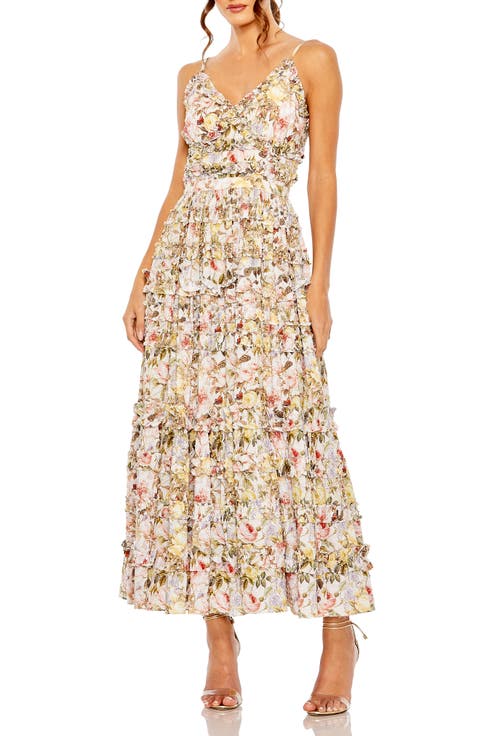 Women’s Floral Print Tiered Ruffle Midi Dress
