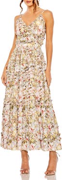 Mac Duggal Women’s Floral Print Tiered Ruffle Midi Dress