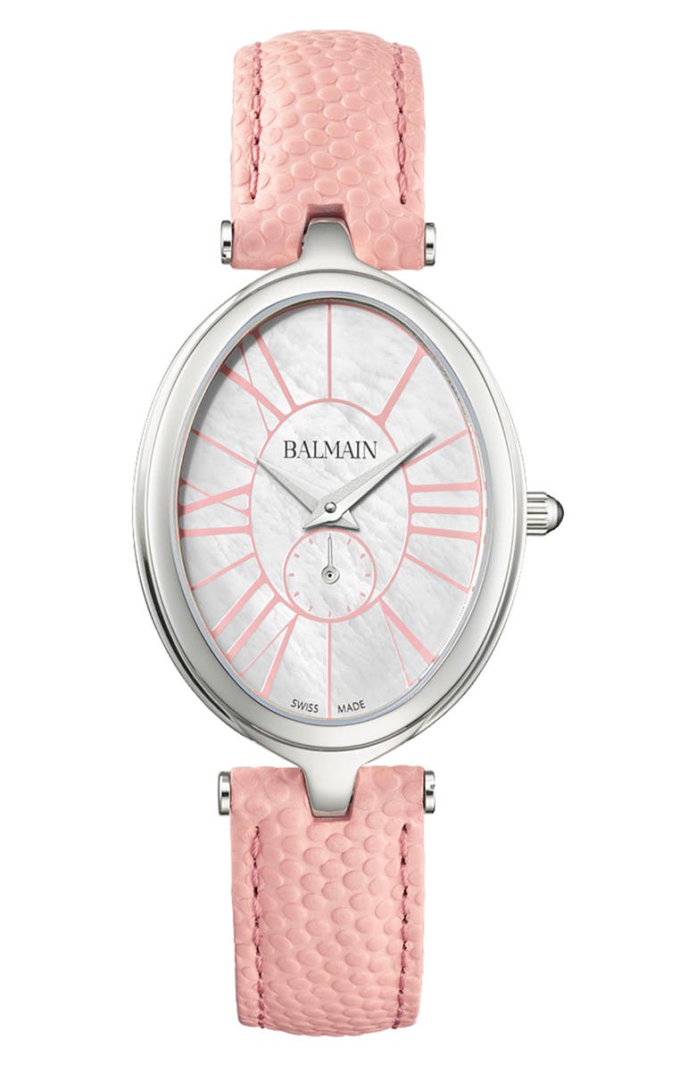 Balmain Haute Elegance Oval Leather Strap Watch, 26mm x 32mm, Main, color, Stainless Steel