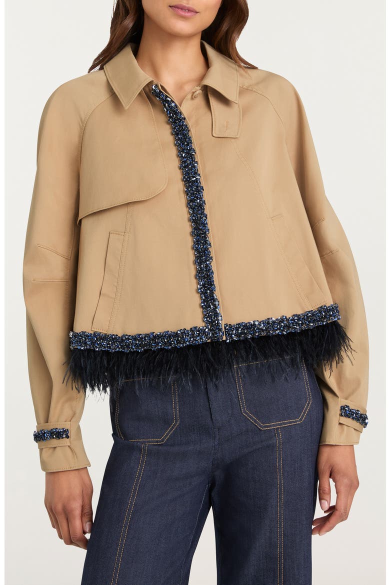 Carmila Sequin & Feather Detail Crop Trench Coat, Alternate, color, KHAKI/ NAVY