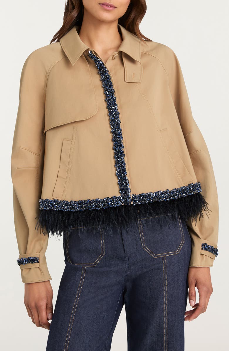 Cinq à Sept Carmila Sequin & Feather Detail Crop Trench Coat, Alternate, color, Khaki/ Navy