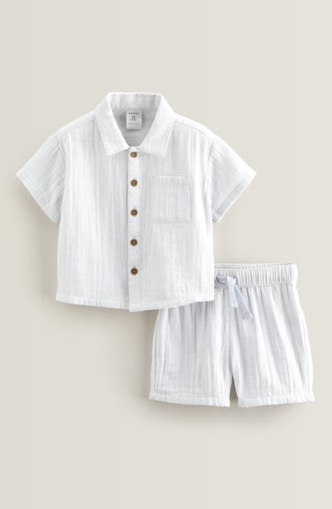 Stripe Short Sleeve Cotton Button-Up Shirt & Shorts Set (Baby)
