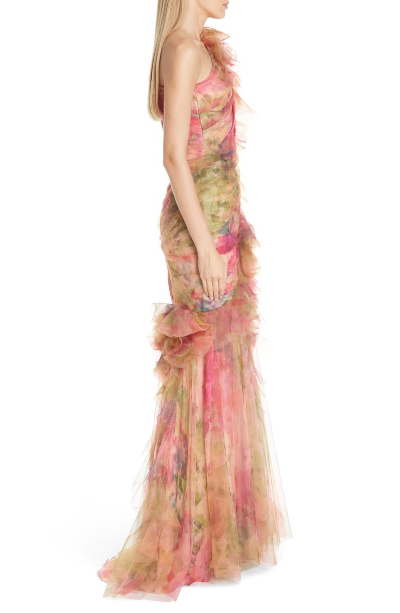 Marchesa Floral One-Shoulder Silk Evening Dress, Alternate, color,