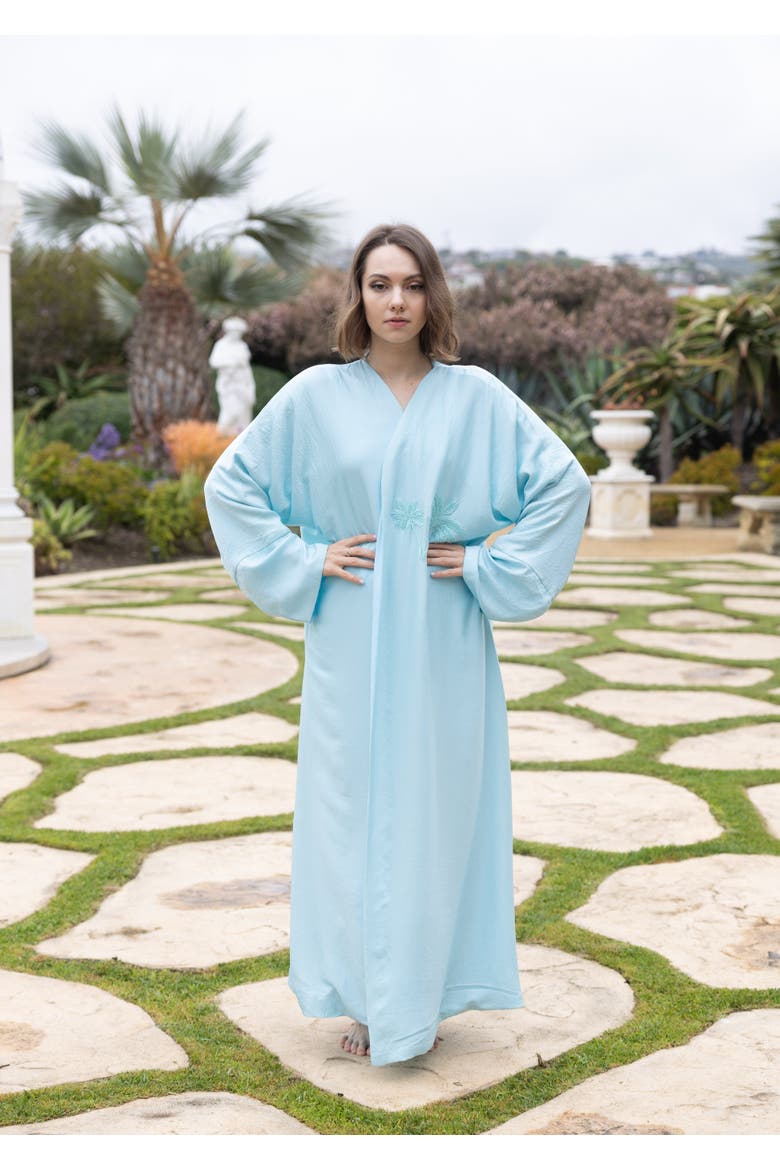 Palm Embroidered Silk Kaftan, Alternate, color, Tiffany Blue